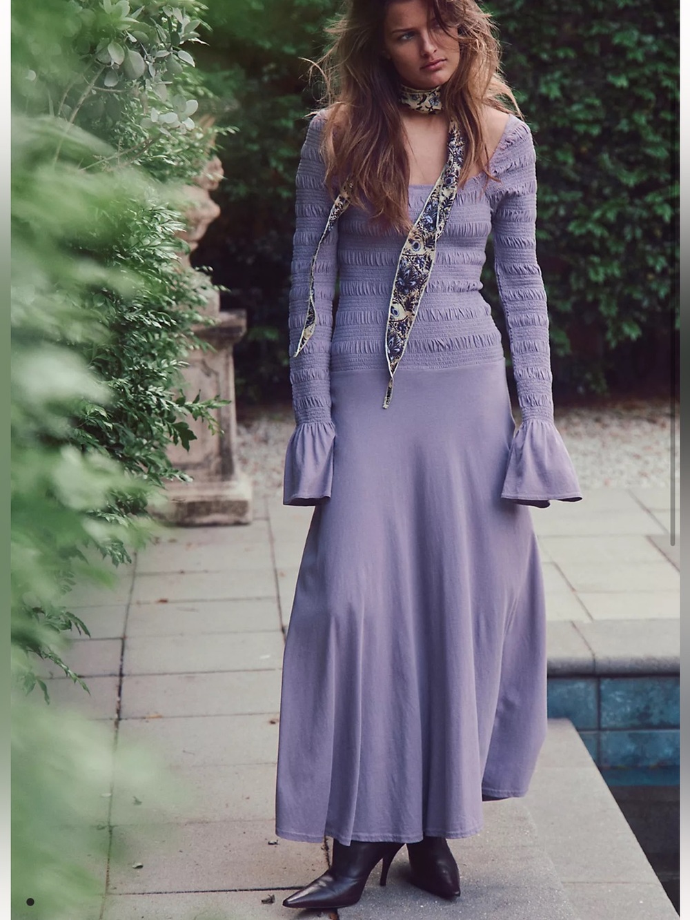 Free People Lavender Smocked Long-Sleeve Maxi Dress Kiera Bohemian Smocked NWT
